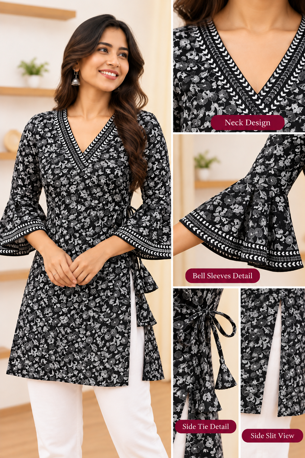 Women's Trending Rayon Printed Black Short Kurti