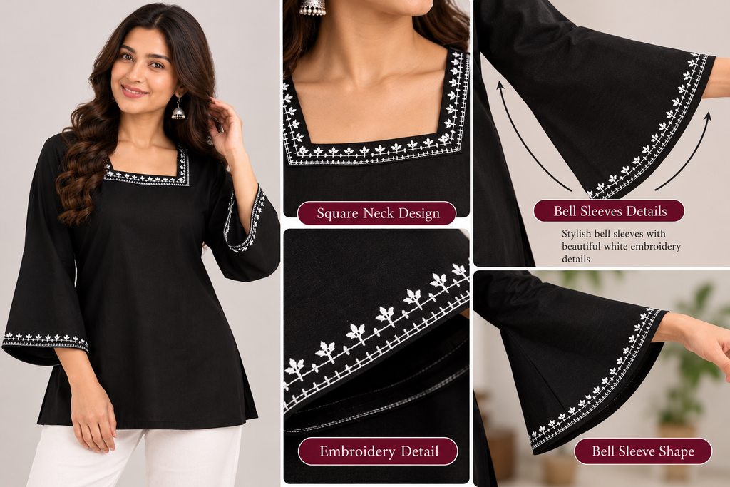 BLACK WOMAN KURTI EMBROIDERY WHITE