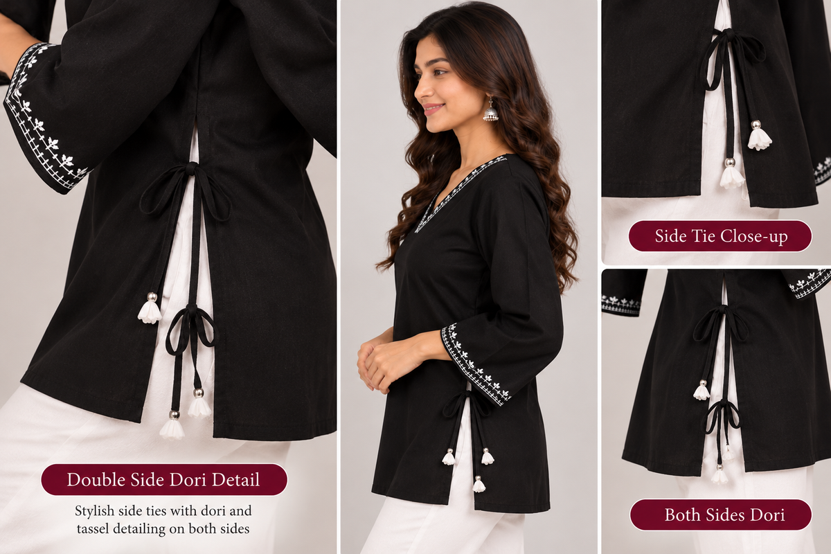 BLACK WOMAN KURTI EMBROIDERY WHITE