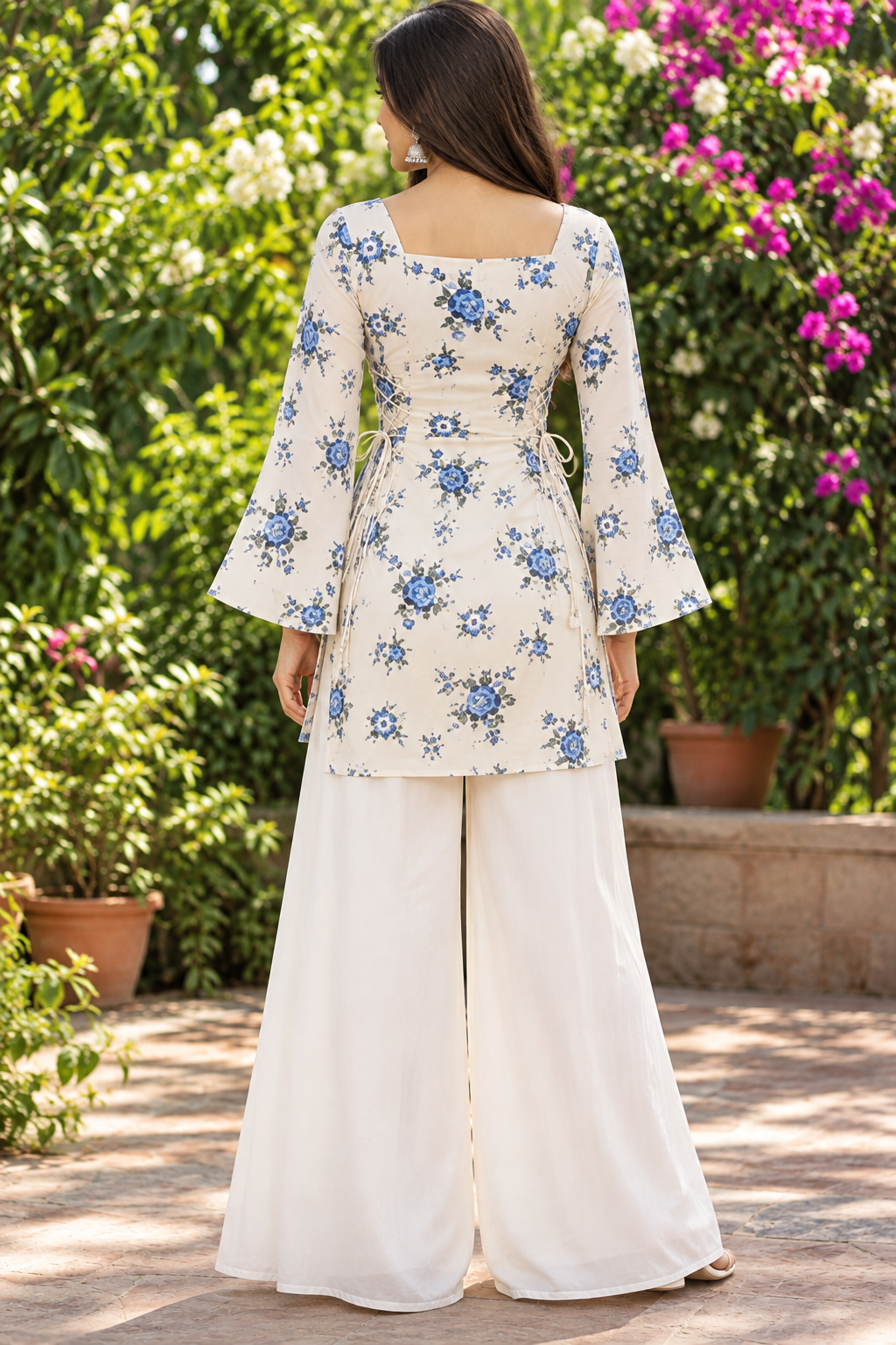New White Printed Cotton Short Kurti with Double Side Dori