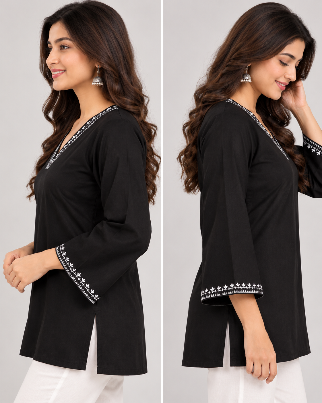 BLACK WOMAN KURTI EMBROIDERY WHITE