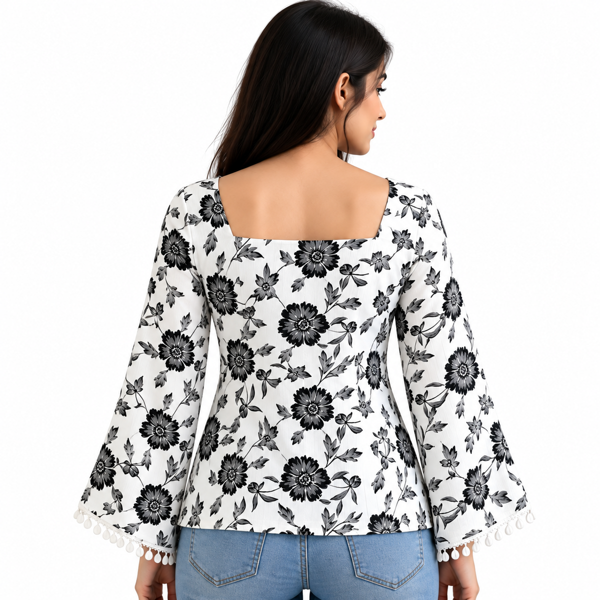 Printed Cotton Blend Short Kurti with Bell Sleeves &amp; Lace Detail