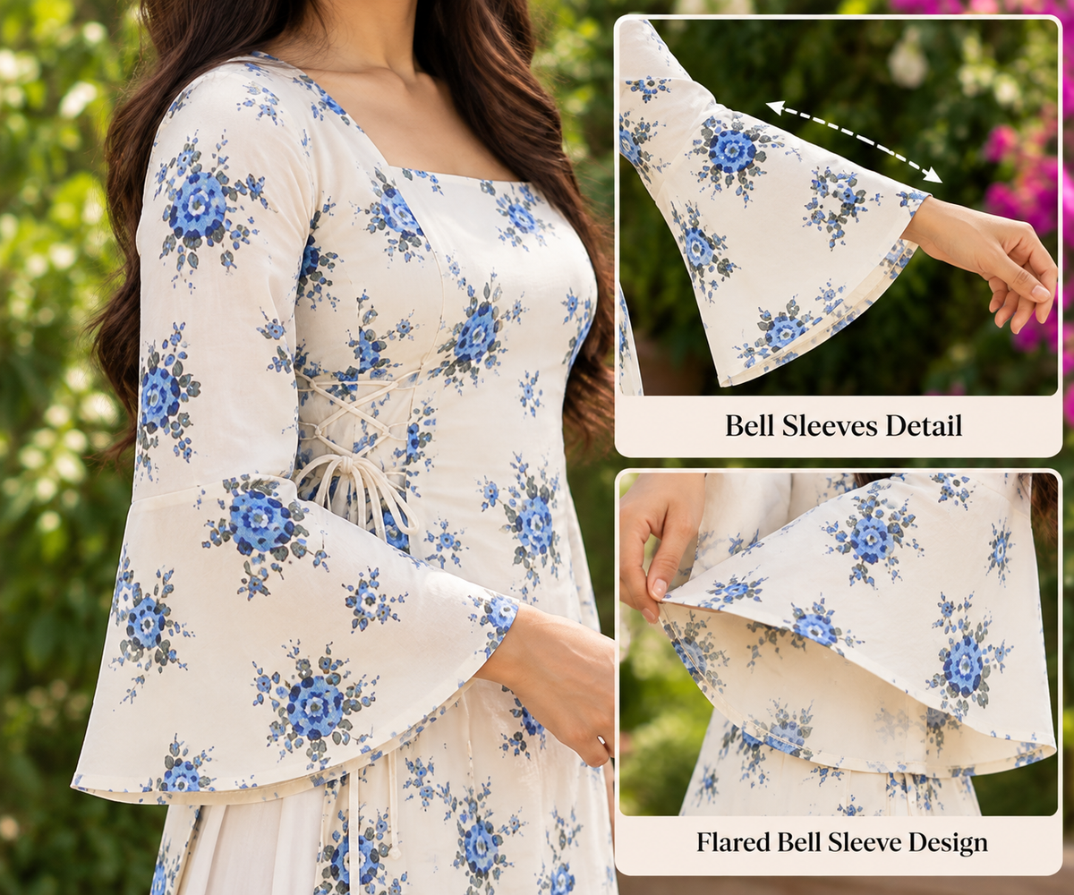 New White Printed Cotton Short Kurti with Double Side Dori
