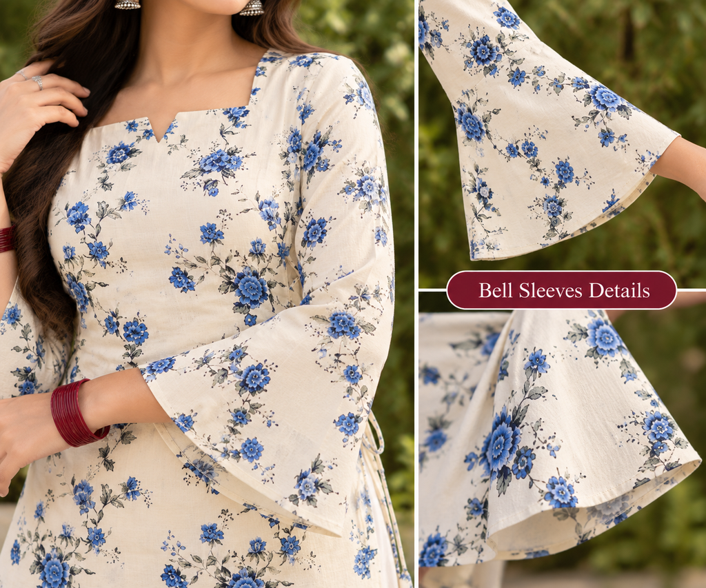 New White Printed Cotton Short Kurti with Double Side Dori