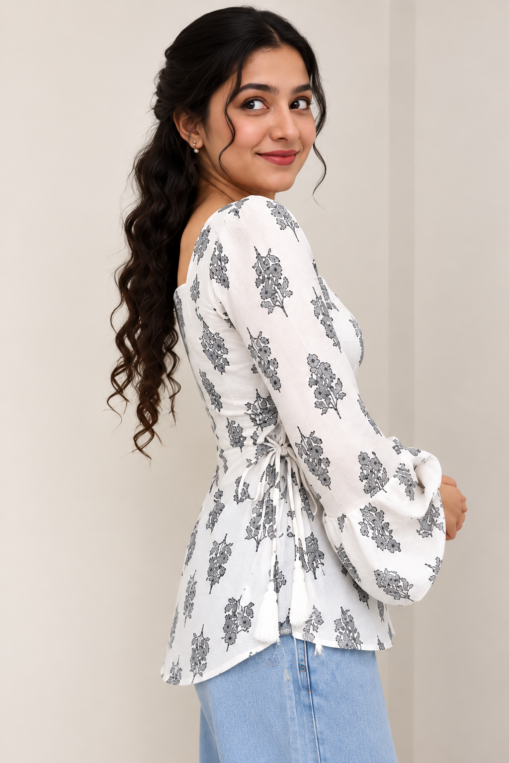Women’s Floral Printed Rayon Peplum Top with Bell Sleeves