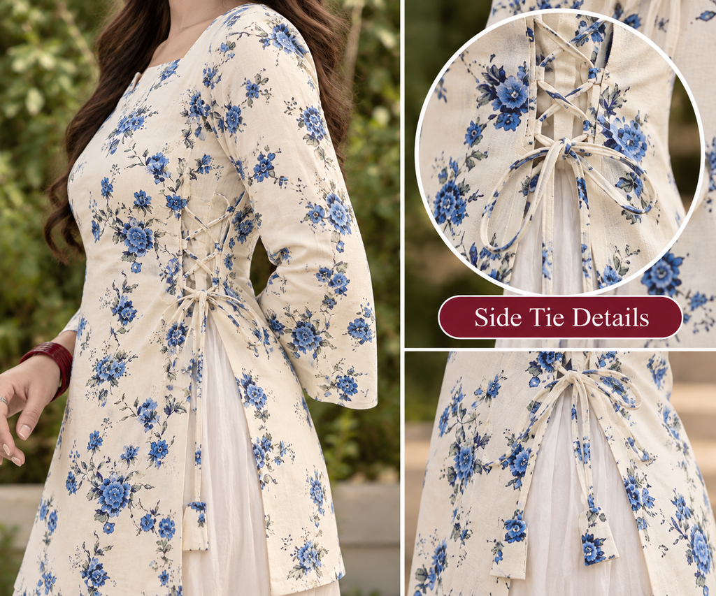 New White Printed Cotton Short Kurti with Double Side Dori