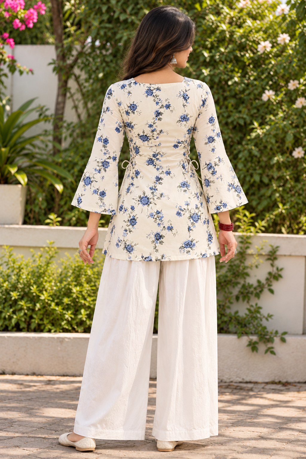 New White Printed Cotton Short Kurti with Double Side Dori