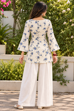 New White Printed Cotton Short Kurti with Double Side Dori