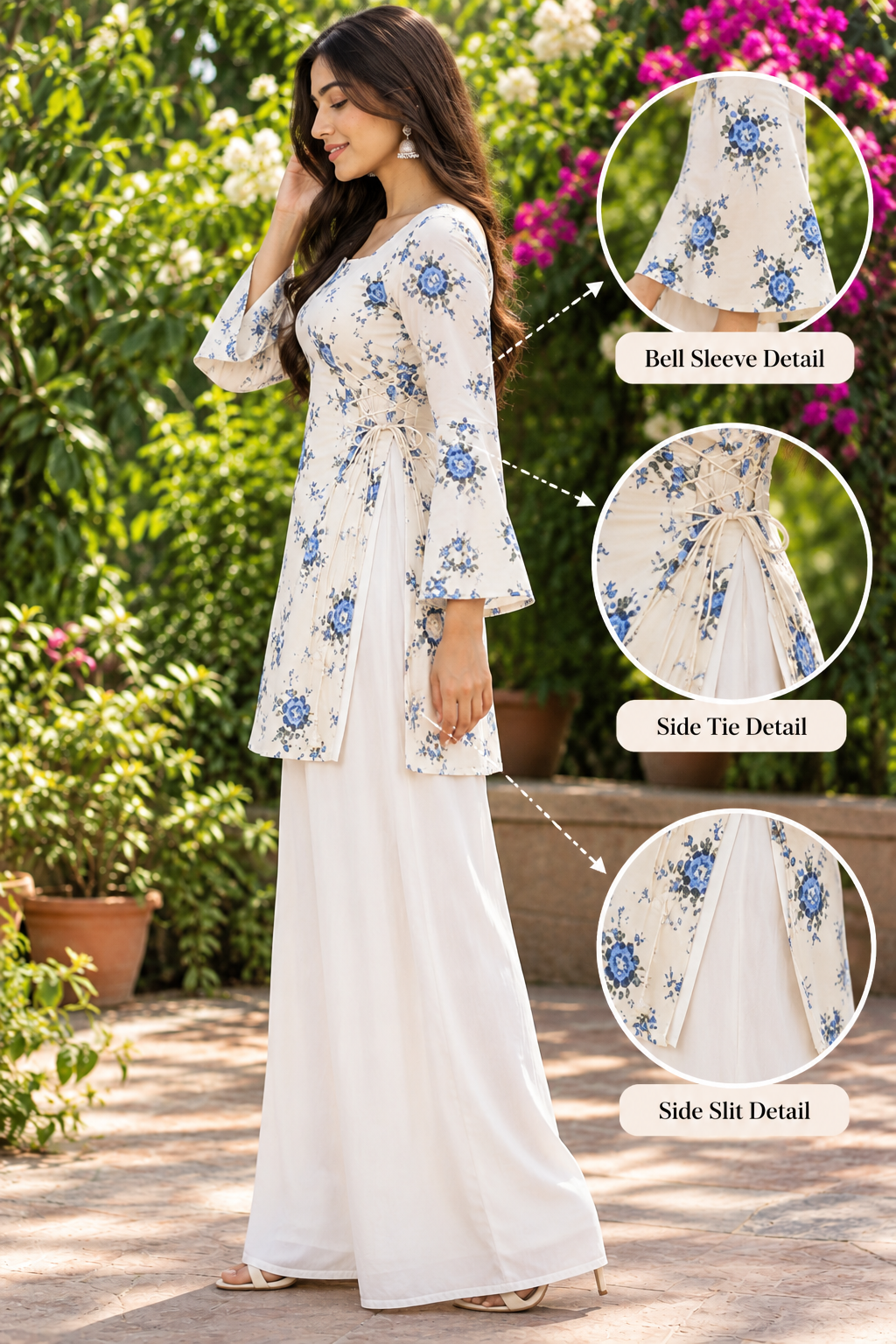 New White Printed Cotton Short Kurti with Double Side Dori