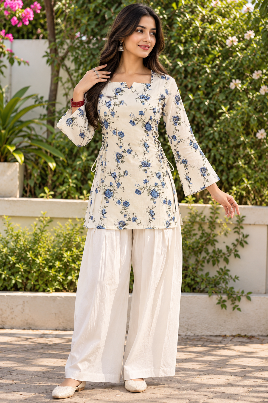 New White Printed Cotton Short Kurti with Double Side Dori