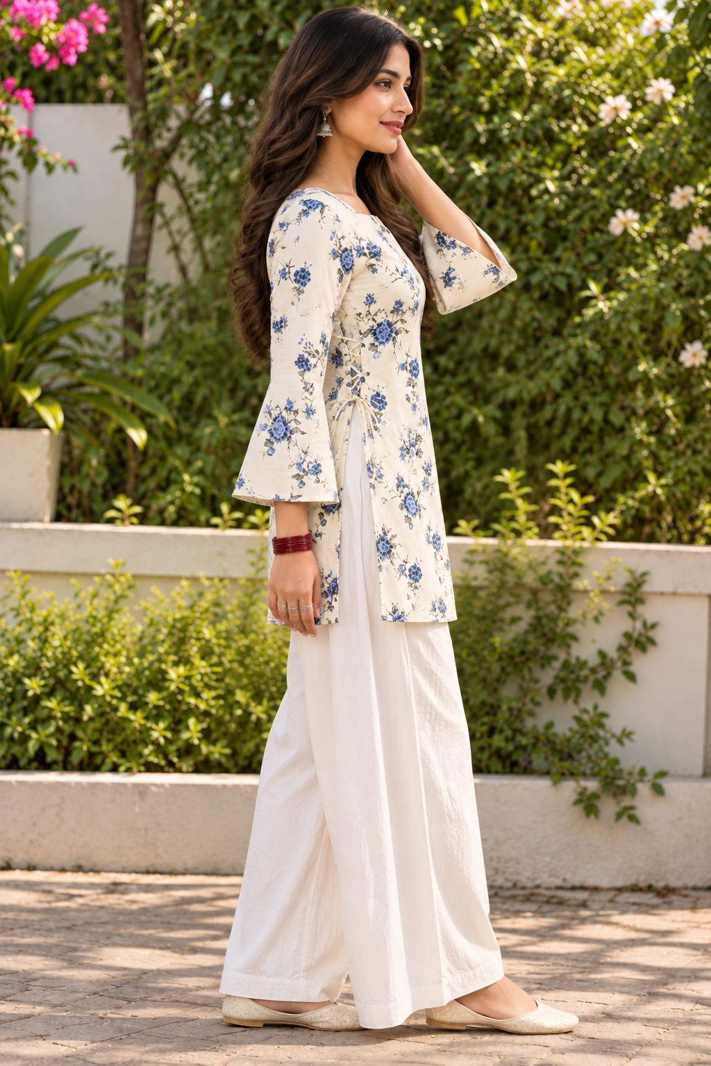 New White Printed Cotton Short Kurti with Double Side Dori