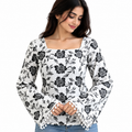 Printed Cotton Blend Short Kurti with Bell Sleeves &amp; Lace Detail