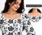 Printed Cotton Blend Short Kurti with Bell Sleeves &amp; Lace Detail