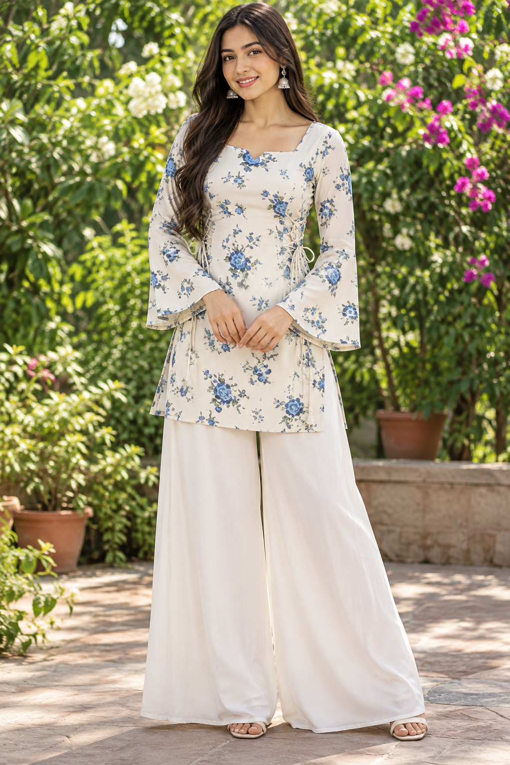 New White Printed Cotton Short Kurti with Double Side Dori