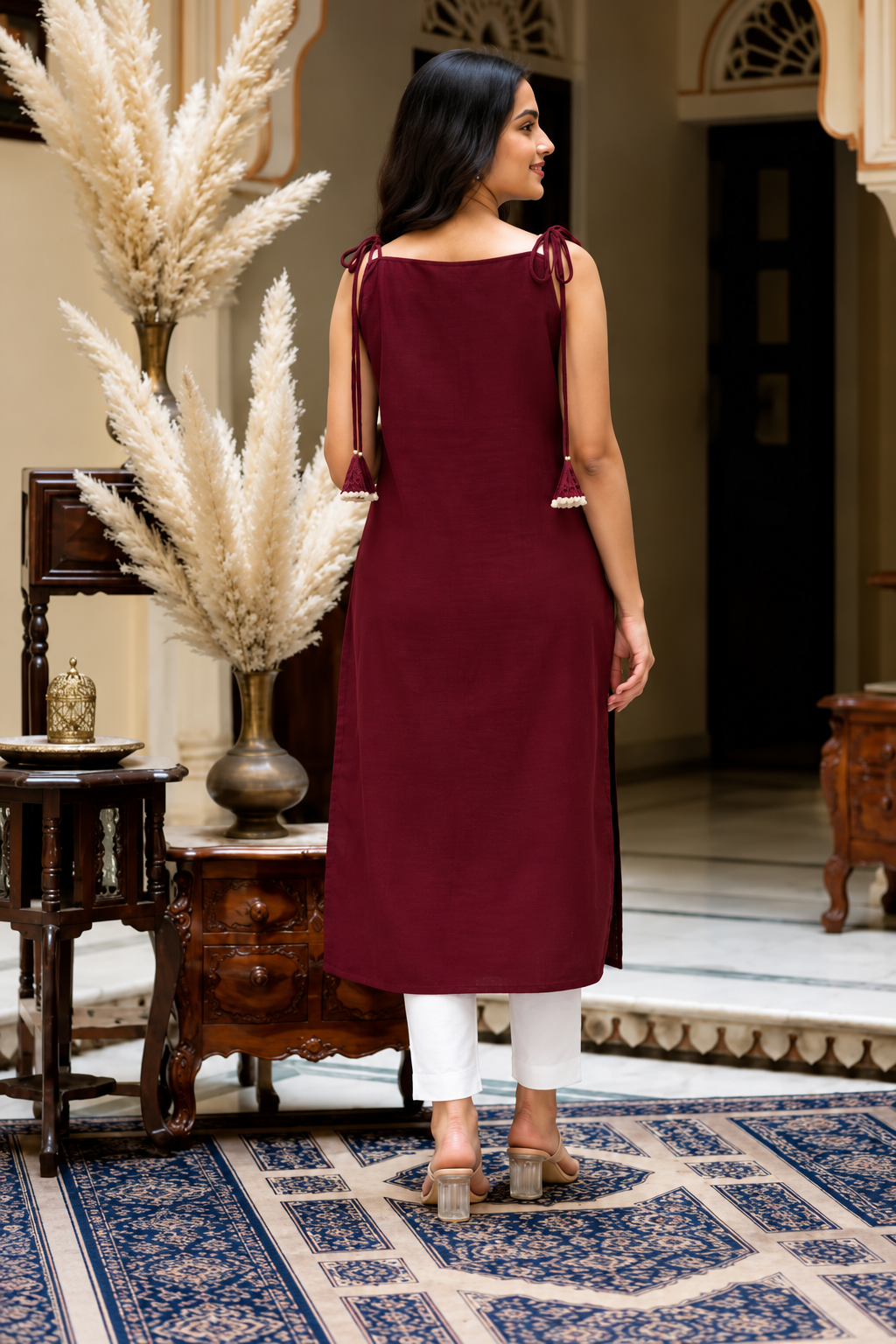 Riya Clothing Women’s Maroon Lace Detail 2-Piece Kurta Pant Set – Elegant Ethnic Wear