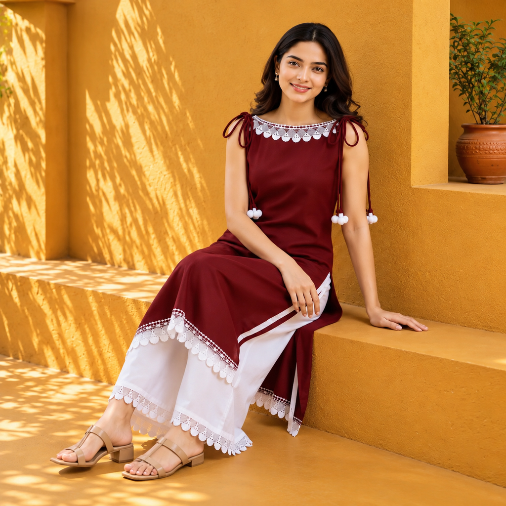 Riya Clothing Women’s Maroon Lace Detail 2-Piece Kurta Pant Set – Elegant Ethnic Wear